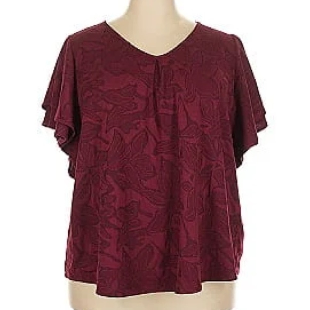 Liz Claiborne Women’s Blouse 2X Burgundy Short Flutter Sleeve Career Woman